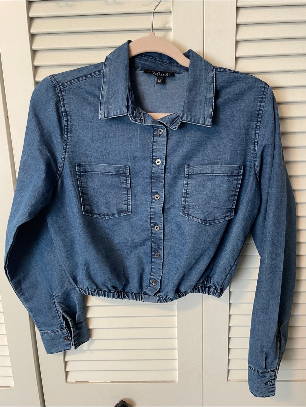 Cropped Denim Button-Down Shirt - Blue